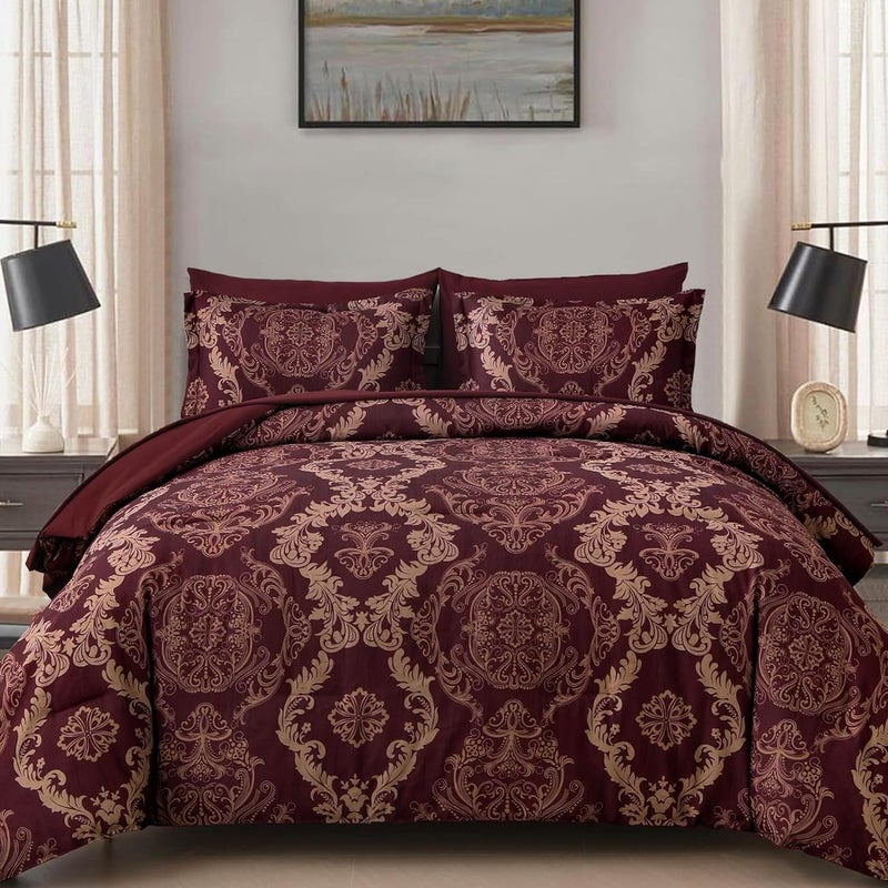 WONGS BEDDING Burgundy Comforter Set King Size  Maroon Damask Texture 7 Pieces Bed in a Bag Polyester Comforter Bedding Sets -1 Comforter  1 Flat Sheet  1 Fitted Sheet  2 Pillow Shams 2 Pillowcases - Image 1